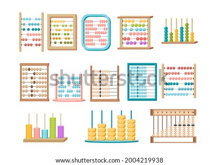 Set of Abacus, Mathematics or Arithmetic Educational Ancient Equipment. Calculator, Math Learning Colorful Toys for Kids Mind Development Isolated on White Background. Cartoon Vector Illustration