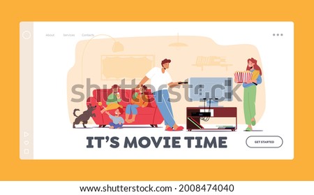 Movie Time, Home Cinema Landing Page Template. Family Watching TV with Soda and Pop Corn, Kids and Parents Characters Sitting on Couch. Leisure, Sparetime, Day Off. Cartoon People Vector Illustration