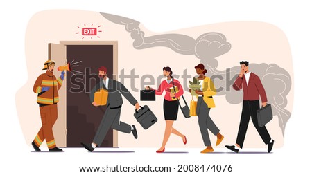 Fireman with Megaphone Announce Fire Emergency Evacuation Alarm. Alert Building Occupant Characters Escape Office in Life-threatening Situation, Hazard at Workplace. Cartoon People Vector Illustration Foto stock © 