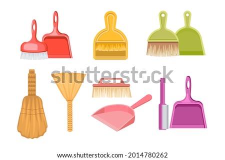 Set of Household Plastic Tools Scoops, Dustpans and Brooms Isolated on White Background. Brushes for Cleanup, Manual Domestic Supplies for Sweeping, Cleaning Floor. Cartoon Vector Illustration, Icon