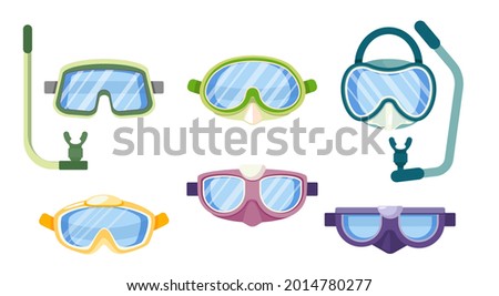 Set of Diving Equipment Snorkeling Masks, Scuba Diver Tools of Different Design. Underwater Glasses, Mouthpiece Tube for Swimming Isolated on White Background. Cartoon Vector Illustration, Icons