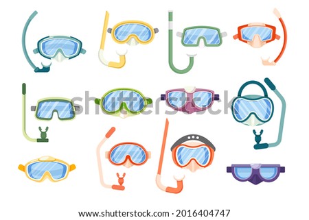 Set of Snorkeling Masks, Underwater Glasses and Goggles for Swimming Front View, Scuba Diving Equipment of Different Design. Mouthpiece Tube Isolated on White Background. Cartoon Vector Icons