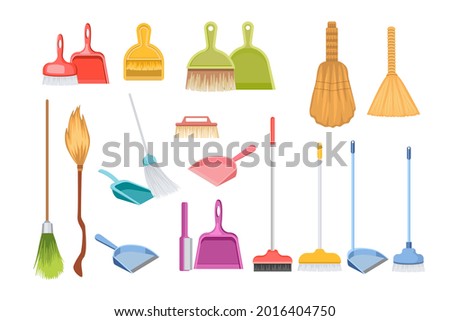 Set of Different Cleaning Household Tools Broom, Scoop, Dustpans and Brushes for Cleanup. Manual Domestic Supplies for Sweeping and and Housekeeping Works. Cartoon Vector Illustration, Icons
