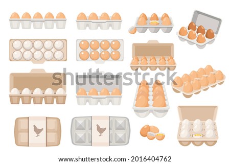 Set of Eggs in Boxes, Farmer Production, Organic Farm Food Icons for Market Place, Store or Shop. Poultry Production, Agriculture, Chicken Eggs in Closed and Open Boxes. Cartoon Vector Illustration