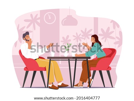 Young Happy Couple Sitting at Table Drinking Coffee, Talking and Laughing in Cafe or Restaurant. Man and Woman Dating, Weekend Leisure, Loving Pair Rest, Sparetime. Cartoon Vector Illustration