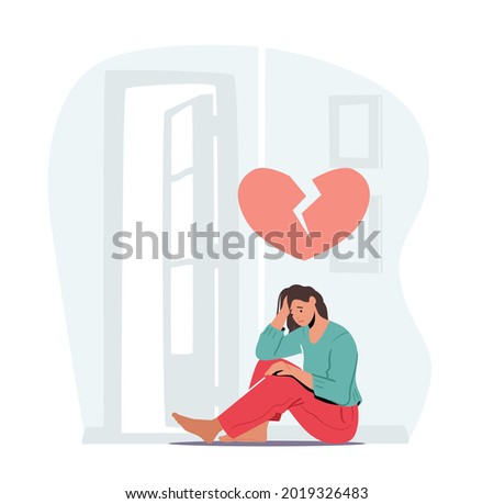 Depressed Heartbroken Woman Sitting on Floor with Pieces of Red Broken Heart and Crying. End of Love and Loving Relations, Loneliness, Divorce and Separation Concept. Cartoon Vector Illustration