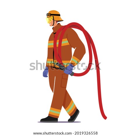 Brave Fireman Carry Water Hose on Shoulder, Equipment for Fighting with Burning Blaze. Male Character in Firefighters Uniform and Hat, Fire Man Dangerous Profession. Cartoon Vector Illustration