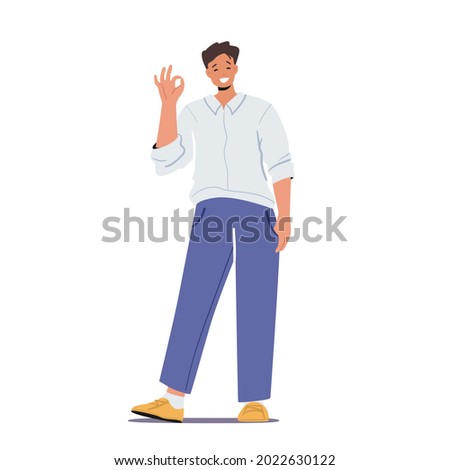 Happy Male Character Show Ok Symbol, Man Show Positive Gesture, Satisfied Cheerful Boy Excited Emotion, Approval Gesturing, Body Language Isolated on White Background. Cartoon Vector Illustration