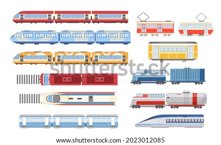 Set Train, Tram and Metro Top and Side View, City and Industrial Railway Vehicle Modes. Urban Express Train, Cargo Transport, Subway Locomotive, Modern Commuter. Isolated Cartoon Vector Illustration