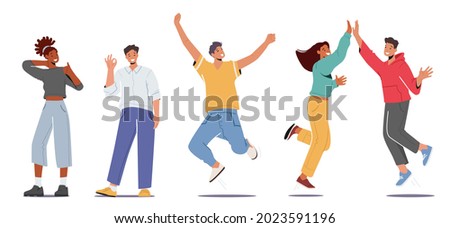 Set of People Feeling Positive Emotions, Giving Highfive, Show Ok Gesture, Jumping with Raised Arms and Showing Thumb Up. Joyful Male and Female Characters in Good Mood. Cartoon Vector Illustration
