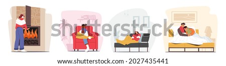 Set Freezing Male and Female Characters Suffering of Cold Temperature at Home. People Wrapped in Warm Plaids and Clothes Trying to Warm during Winter or Autumn Season. Cartoon Vector Illustration