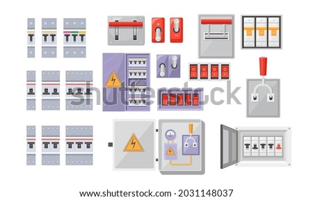 Set Electric Breaker Switchbox Electricity and Energy Equipment Red Buttons, Contact-breaker Isolated on White Background. Power Control, Switchboard Panel with Turners. Cartoon Vector Illustration Stock foto © 