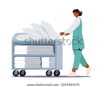 Laundrette Company or Hotel Service. Female Character Employee of Professional Maid Working Process Push Trolley with Clean Linen in Public or Hotel Dry Cleaning Laundry. Cartoon Vector Illustration