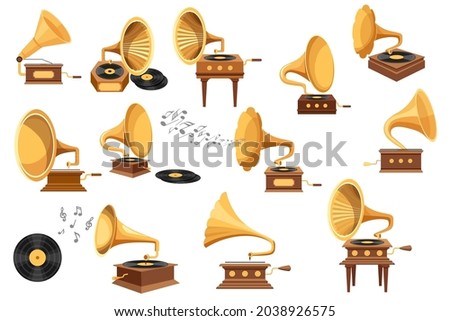 Set Gramophone Player, Phonograph and Vinyl Disks, Antique Equipment for Listening Music, Isolated Vintage Classic Audio and Sound Player and Melody Tunes Elements. Cartoon Vector Illustration, Icons