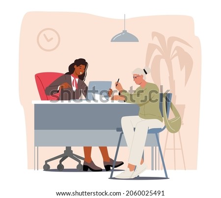 Senior Female Client Character Talking to Manager or Analysts of Credit Department in Bank Office. Worker Receptionist Providing Banking Services to Customer. Cartoon People Vector Illustration