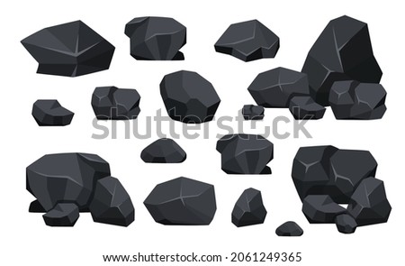 Set of Coal Black Mineral Resources. Fossil Stone Pieces of Polygonal Shapes, Rock of Graphite or Charcoal. Energy Resource Charcoal Icons Collection Isolated on White Background. Vector Illustration Foto d'archivio © 