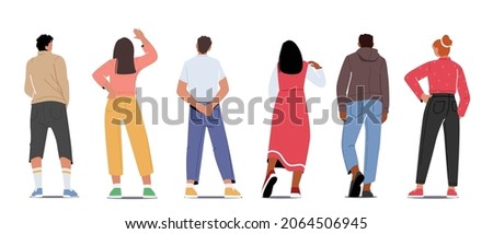 Set of People Stand in Row Back View, Male and Female Characters Wear Fashioned Clothes Rear View Isolated on White Background, Abstract Young Person Backside Position. Cartoon Vector Illustration Stockfoto © 