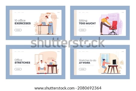 Office Workers Exercising at Workplace Landing Page Template Set Characters Doing Workout at Work Place Squatting and Stretching Body, Arms and Legs, Health Care. Cartoon People Vector Illustration