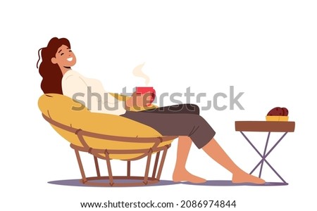 Female Character Relaxing in Comfortable Soft Round Chair with Coffee or Tea Cup in Hands. Woman Enjoying Weekend Relax at Home Sitting in Fashionable Furniture. Cartoon Vector Illustration 商業照片 © 