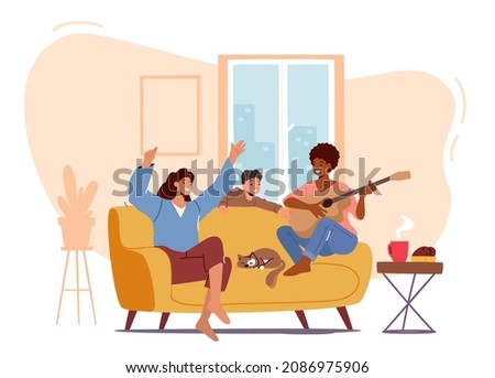 Happy Family Home Party Concept. Moms Girlfriend Playing Guitar and Singing Song, Parent and Child Characters Dance, Weekend Sparetime, Leisure, Rejoice Together. Cartoon People Vector Illustration