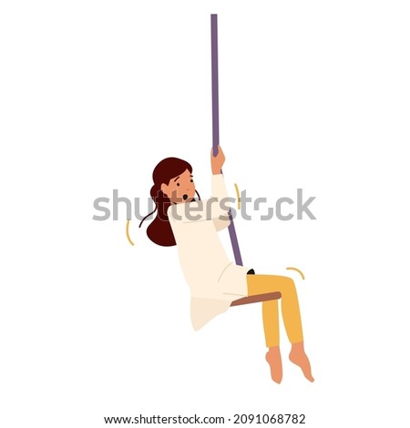Little Girl Hang on Rope Swing Isolated on White Background, Child Playing on Playground, Fun Recreation at Summer Vacation, Kid Female Character Enjoy Childhood. Cartoon People Vector Illustration ストックフォト © 