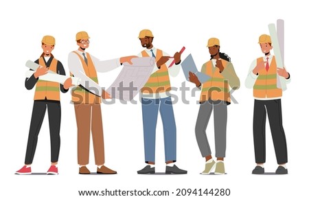 Builders, Workers Construction Engineers or Foreman Characters in Helmets with Tools and Blueprints. Architects with House Plan, Professional Architecture Employees. Cartoon People Vector Illustration Photo stock © 