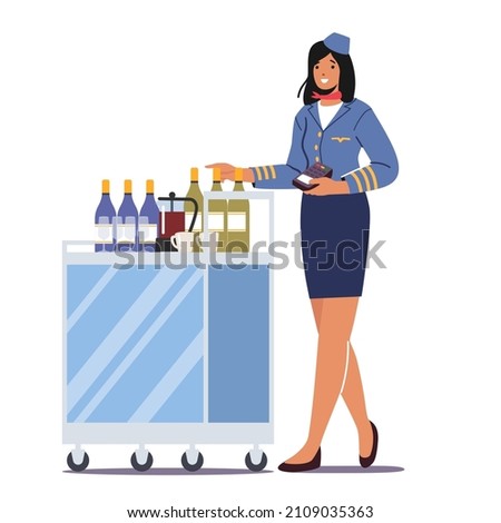 Stewardess Push Trolley with Drinks Holding Pos Terminal. Flight Attendant, Airline Staff, Air Hostess in Uniform Provide Airplane Service Isolated on White Background. Cartoon Vector Illustration