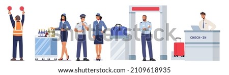 Airport Staff Air Traffic Controller with Light Signals, Pilot of Airplane, Airport Check-in Employee, Security and Stewardess or Air Hostess Women with Trolley. Cartoon People Vector Illustration
