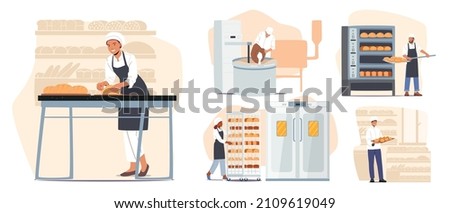 Bread Baking Industrial Process, Machinery Production. Workers Character in Toques, Mixing Flour, Kneading Dough, Bake Loafs in Oven Modern Manufacture with Equipment. Cartoon Vector Illustration
