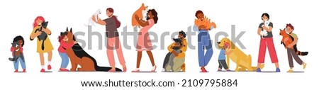 Children Hug Dogs and Cats, Girls and Boys Kids Characters Cuddle with Pets, Holding Cute Puppies and Kittens on Hands. Love, Tenderness to Animals Concept. Cartoon People Vector Illustration
