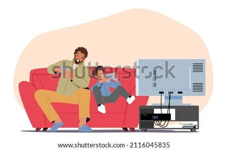 Family Entertainment. Little Boy with Dad Playing Video Games. Happy Characters Sitting front of Tv Set with Joystick in Hands Rejoice for Successful Gaming Result. Cartoon People Vector Illustration