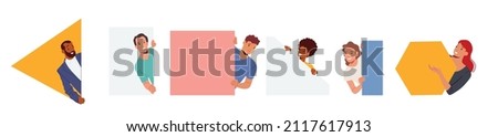 Set of Curious Male and Female Characters Peeking From Behind Wall with Geometric Shapes. People Looking Outside. Cheerful Men and Women Peeping or Watching for Something. Cartoon Vector Illustration