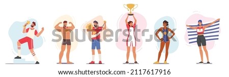 Sportsmen and Sportswomen Champion? with Medals and Flags. Win, Victory Concept. Young Happy Characters Holding Golden Trophy in Hands Feeling Glad to be Winners. Cartoon People Vector Illustration Foto stock © 
