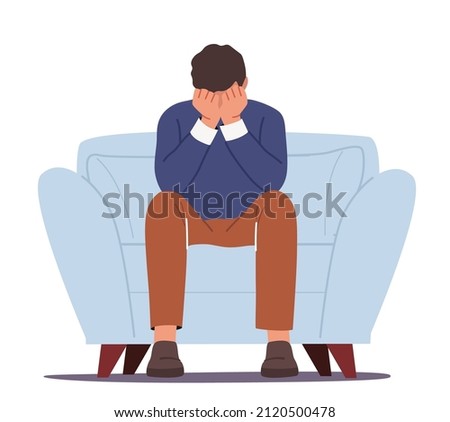 Anxious Man Sitting on Sofa Cover Face with Hands, Crying, Feel Frustrated. Depressed Businessman Suffer of Depression, Crisis, Anxiety Problem, Sad Male Character. Cartoon People Vector Illustration