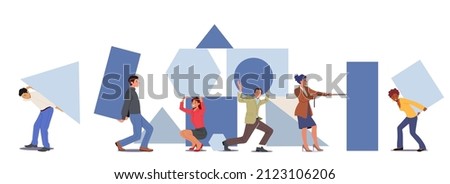 Teamwork Cooperation, Collective Work, Partnership Concept. Diverse Businesspeople, Office Employees Group Set Up Huge Separated Abstract Puzzle Pieces Together. People Cartoon Vector Illustration