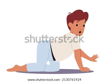 Little Baby Boy Crawl on Floor Isolated on White Background. Cute Cheerful Smiling Child Male Character, Toddler Wear Blue Clothes, Stages of Growing Concept. Cartoon People Vector Illustration