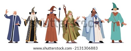 Set of Different Wizards Male Characters Wear Long Robe, Cloak and Hat with Wand or Magic Staff Isolated on White Background. Fairy Tale Sorcerer Personages. Cartoon People Vector Illustration 商業照片 © 