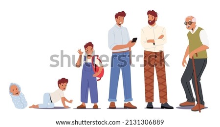 Stages of Man Study Growing Concept. Male Character Life Cycle, Growth, Aging Process. Happy People Baby, Toddler, Kid, Teenager, Young, Adult Senior and Old Men Timeline. Cartoon Vector Illustration