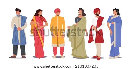 Indian People Wear Traditional Clothes Isolated on White Background. Young Smiling Male and Female Characters Wear Sari or Kurt Stand Full Height, Tradition of India. Cartoon Vector Illustration