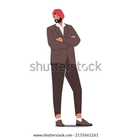 Single Indian or Pakistan Businessman Male Character Wear Red Turban, Brown Blazer and Pants Stand with Crossed Arms, Fashioned Man Isolated on White Background. Cartoon People Vector Illustration