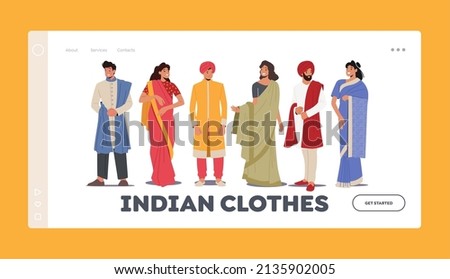 Indian People Wear Traditional Clothes Landing Page Template. Young Smiling Male and Female Characters Wear Sari or Kurt Stand Full Height, Tradition of India. Cartoon Vector Illustration