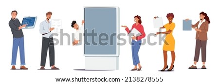 Happy People Pointing With Fingers, Show and Introducing Product with Hand Gesture. Presenters Characters Presenting With Devices and Banners Isolated on White Background. Cartoon Vector Illustration