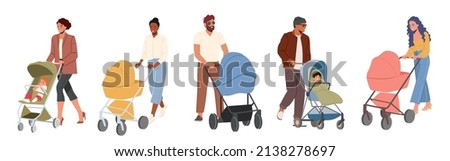 Young Parents Walk with Carriages. Mothers and Fathers Push Prams with Newborn or Toddler Babies Isolated on White Background. Dads or Moms Characters Walk with Strollers. Cartoon Vector Illustration