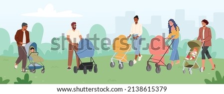 Parents Walk with Babies in Strollers at Summer City Park. Maternity and Paternity Concept. Young Moms and Dads Characters Walk Together With Children in Carriages. Cartoon People Vector Illustration
