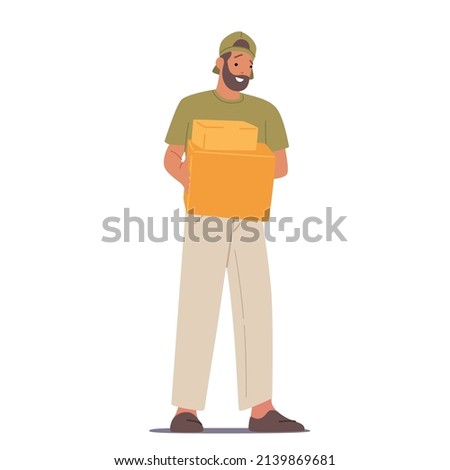 Express Delivery Service Worker with Goods Isolated on White Background. Courier Male Character Wear Uniform Carry Carton Boxes. Delivery Man with Parcels in hands. Cartoon People Vector Illustration
