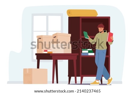 Relocation and Move to New House Concept. Young Male Character Moving into New Home, Man Unpacking or Packing Cardboard Boxes with Books and Stuff for Moving. Cartoon People Vector Illustration