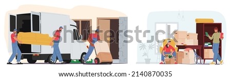 Set Relocation and Moving to New House Concept. Workers Wearing Uniform Carry Boxes and Furniture. Professional Delivery Company Loader Service, People Packing Things. Cartoon Vector Illustration