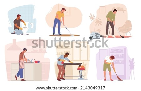 Set of Household Activities, Man Mopping, Sweeping and Vacuuming Floor, Cleaning Home Furniture with Duster, Washing Dishes, Unclog Toilet. Housekeeping Duties Management. Cartoon Vector Illustration