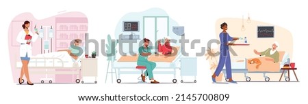 Set of Elderly People Hospitalization Medical Concept. Senior Diseased Male and Female Characters Lying in Bed at Clinic Chamber with Doctors or Nurses Care and Treatment. Cartoon Vector Illustration