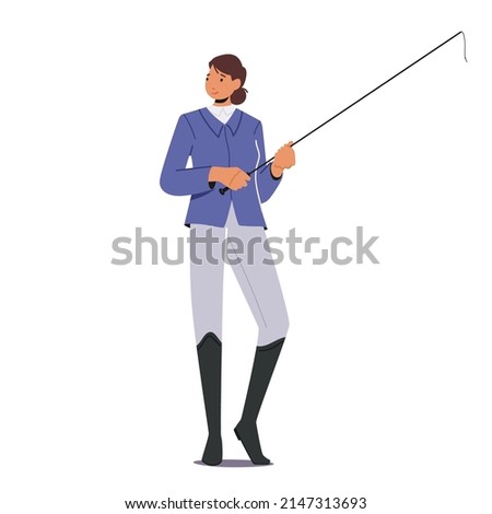 Horse Jockey, Professional Horseman in Uniform, Woman with Whip in Hand Ready for Racing Competition. Equestrian Sport Race or Rides, Isolated Full Height Female Character. Cartoon Vector Illustration Foto stock © 